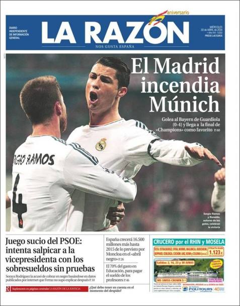 La Razon, come As, riprende le dichiarazioni di Rummenigge e celebra cos Cristiano Ronaldo e compagni: &#39;Il Madrid incendia Monaco&#39;